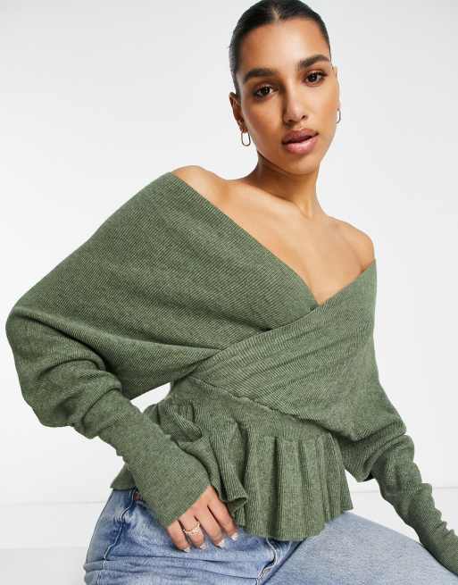 NaaNaa crossover batwing sleeve jumper in khaki ASOS