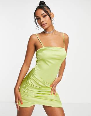 crossover front satin mini dress in lime-Green