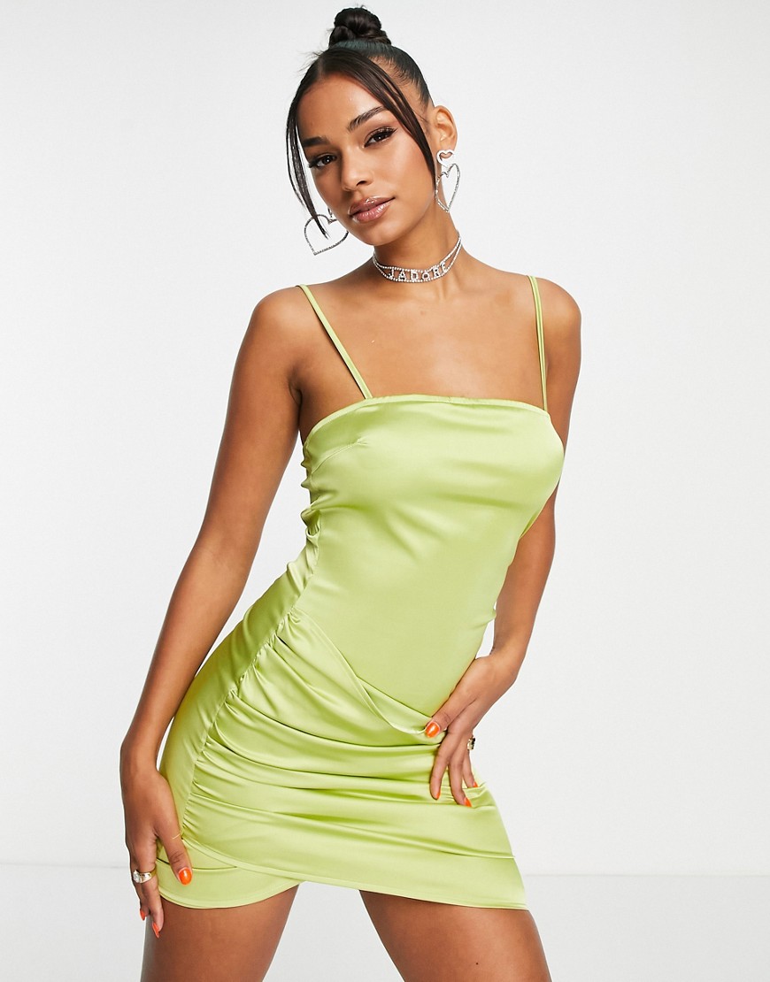 crossover front satin mini dress in lime-Green