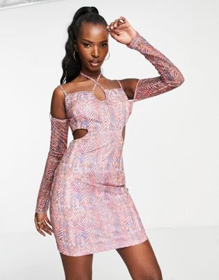 NaaNaa cut out mini dress with sleeves in multi