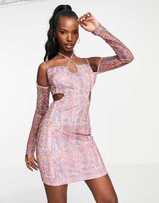 NaaNaa NaaNaa cut out mini dress with sleeves in multi