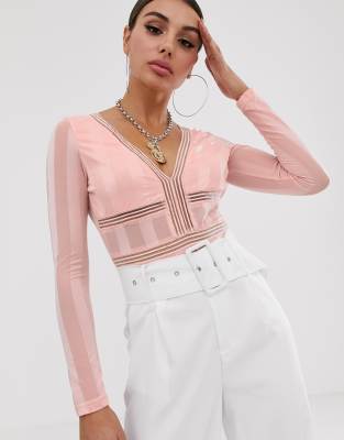 NaaNaa long sleeve plunge bodysuit in stripe mesh in pink blush Pink