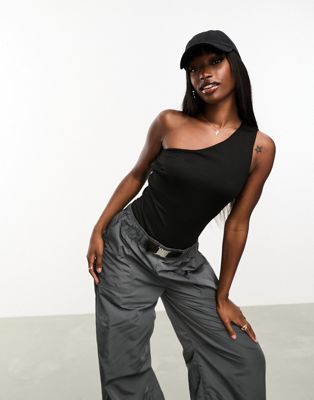 NaaNaa double lined one shoulder bodysuit in black - ASOS Price Checker