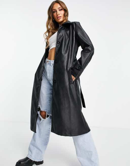 NaaNaa faux leather trench coat in black