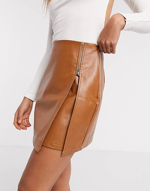 NaaNaa faux leather zip detail mini skirt in camel