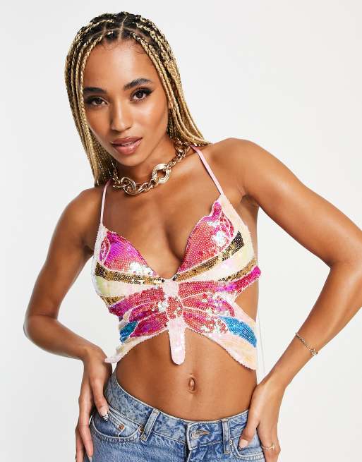 Sequin butterfly crop store top