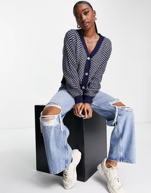 NaaNaa - Gilet en maille à ourlet bleu marine contrastant - Gris