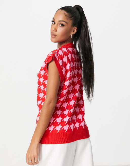 NaaNaa - Gilet sans manches en maille pied-de-poule - Rouge et rose, 2 de 4