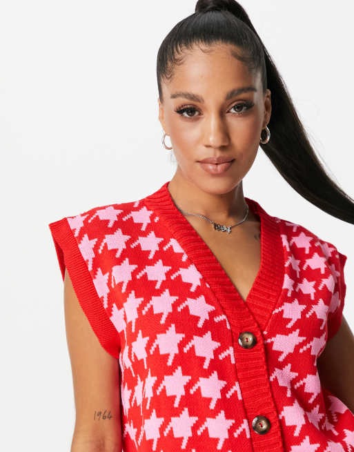 NaaNaa - Gilet sans manches en maille pied-de-poule - Rouge et rose, 3 de 4