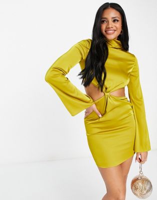 NaaNaa high neck cut out satin dress in chartreuse green
