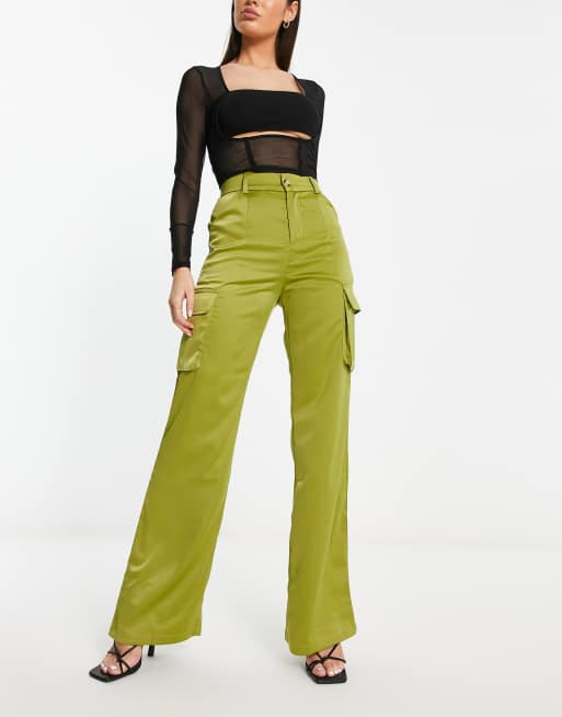 NaaNaa high waist satin cargo pants in khaki ASOS
