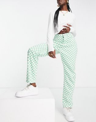 NaaNaa high waisted checkerboard jeans in green and white