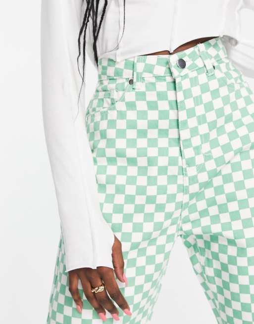 NaaNaa high waisted checkerboard jeans in green and white