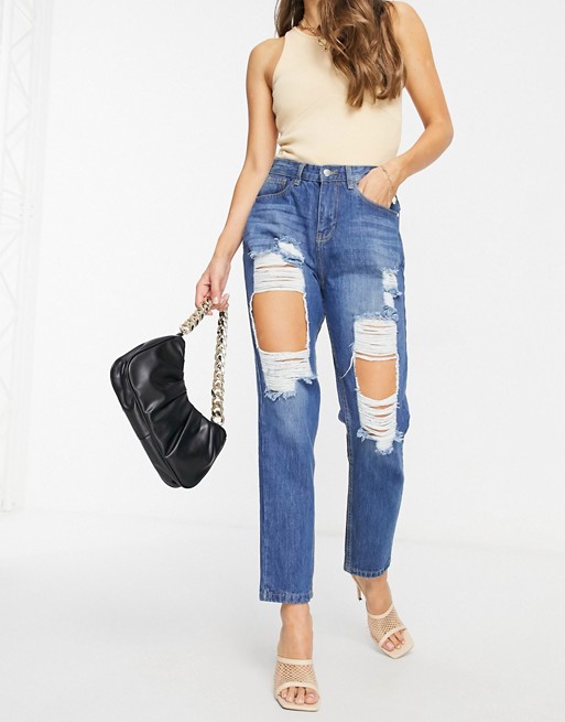 NaaNaa high waisted extreme rip mom jeans in stonewash blue