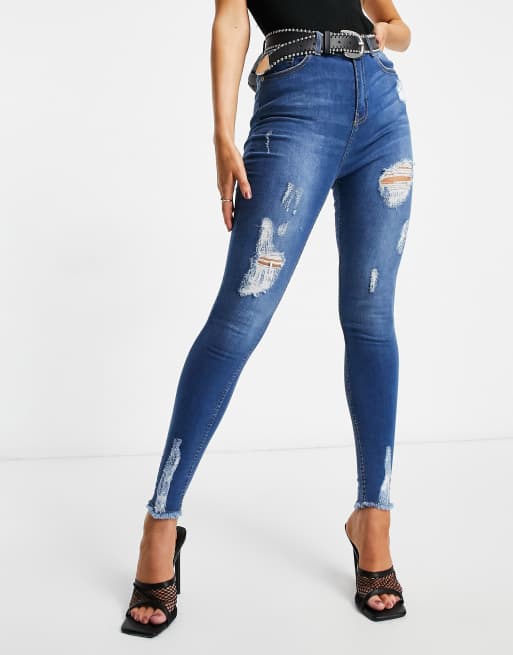 Naanaa High Waisted Ripped Skinny Jeans In Midwash Blue Asos