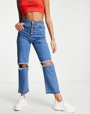 NaaNaa high waisted cropped straight leg jeans in blue