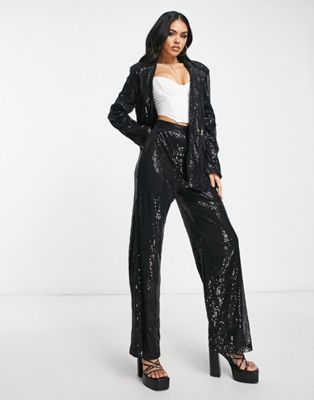 NaaNaa high waisted sequin trouser coord in black