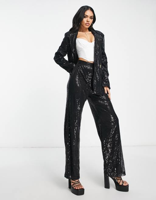 Edited wide sleeve crop top in black sequin co-ord