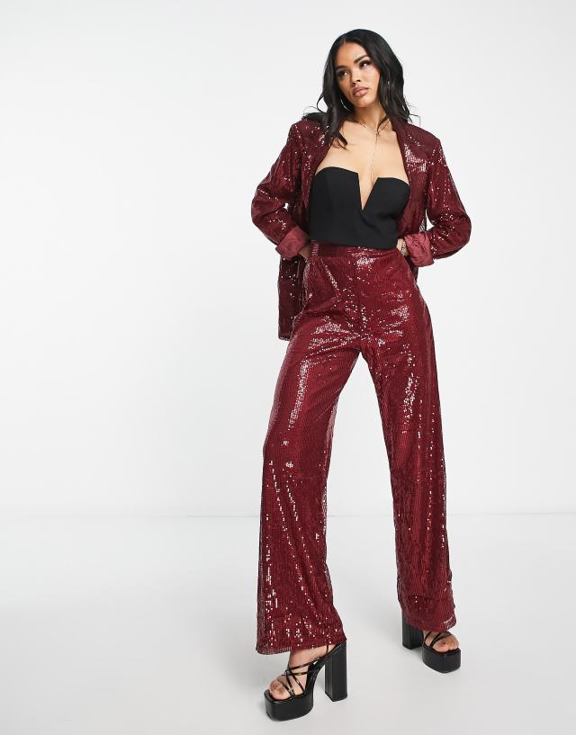 NaaNaa - high waisted sequin trouser coord in burgundy