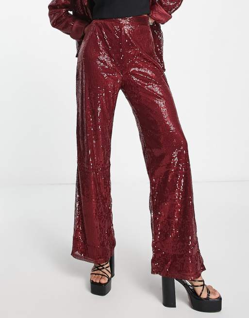 NaaNaa high waisted sequin trouser coord in burgundy