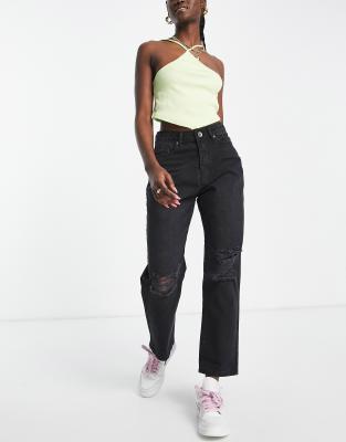 Naanaa High Waisted Straight Leg Jeans In Black ModeSens