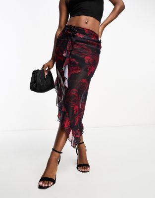 Jupe Longue Portefeuille Noire à Fleurs Roses - Taille 12/14 - Plage & été - Occasion