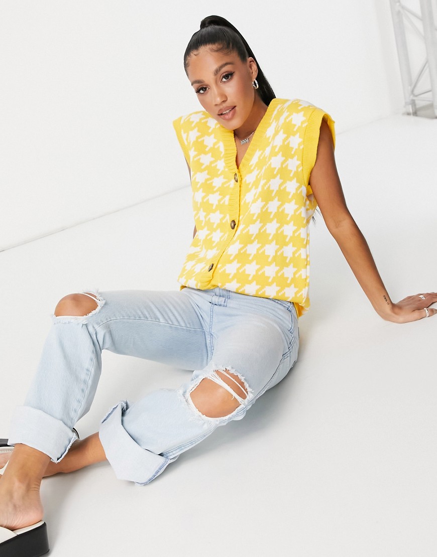 NaaNaa knit cardigan vest in houndstooth in white and yellow
