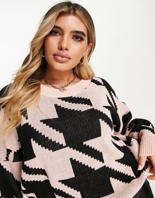 NaaNaa knit jumper in pink and black dogtooth print