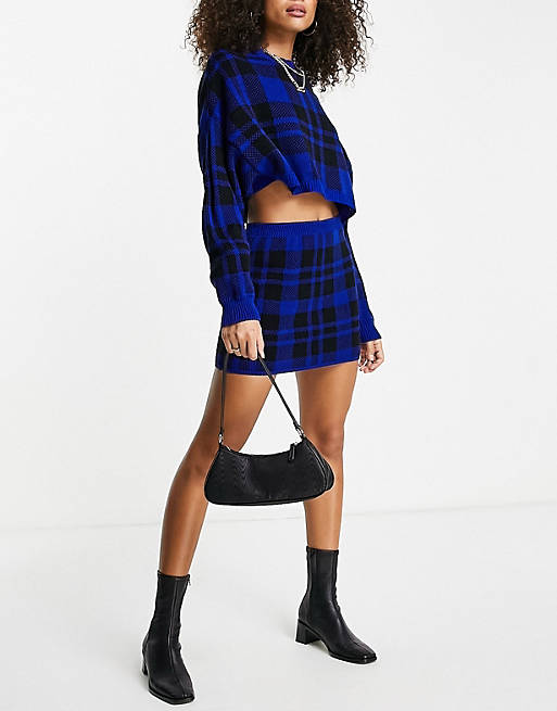 NaaNaa knitted skirt co-ord in blue and black