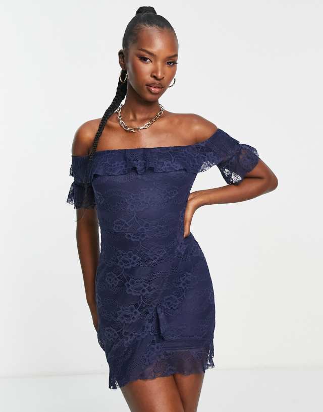 NaaNaa lace bardot mini dress in navy