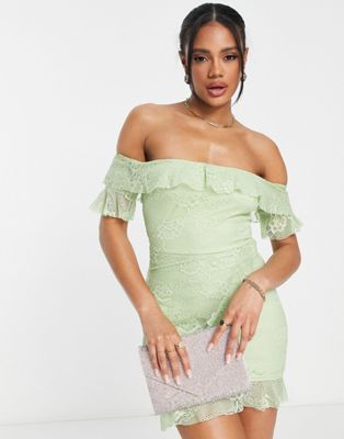 NaaNaa lace bardot mini dress in sage green