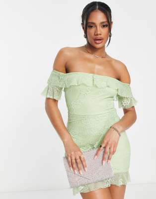 Naanaa Lace Bardot Mini Dress In Sage Green ModeSens