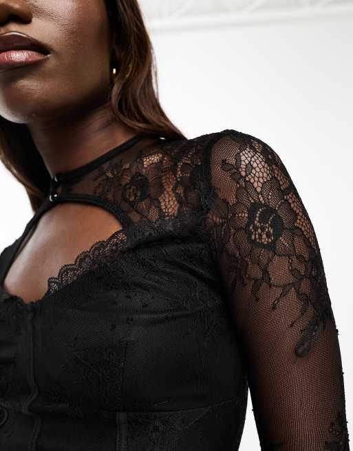 NaaNaa lace long sleeve bodysuit with cut out detail in black, 2 of 4