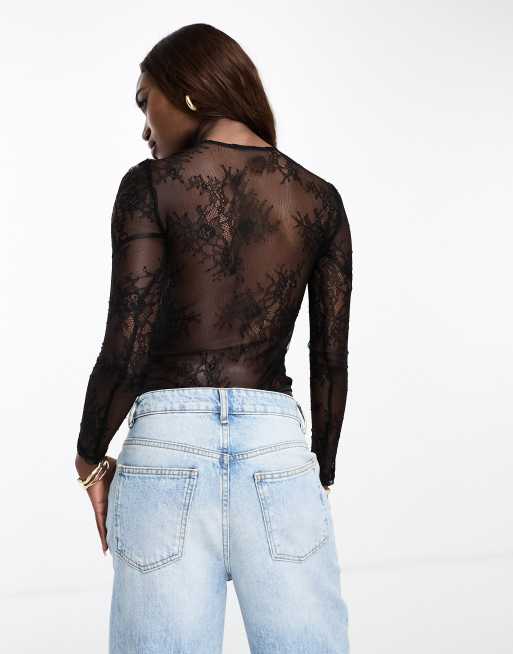 NaaNaa lace long sleeve bodysuit with cut out detail in black, 3 of 4