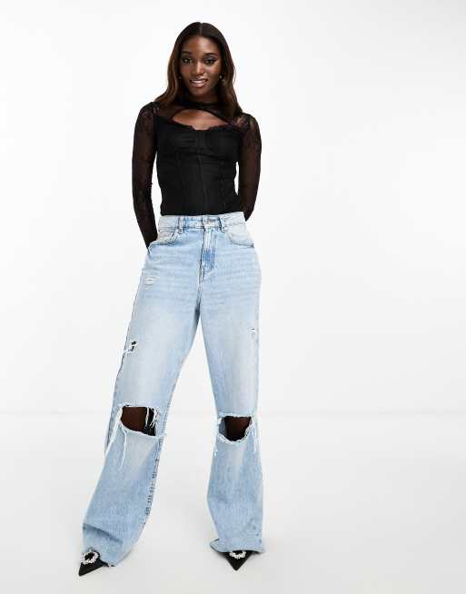 NaaNaa lace long sleeve bodysuit with cut out detail in black, 4 of 4