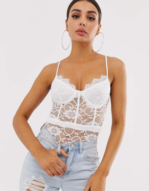 NaaNaa lace thong bodysuit in white