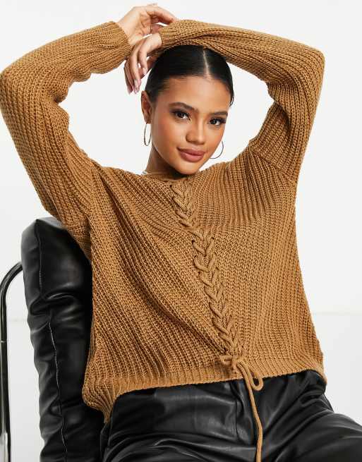 NaaNaa lace up v neck jumper in camel