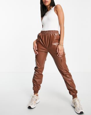 NaaNaa leather look cargo trouser in brown