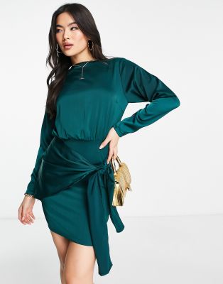 Naanaa Long Sleeve Satin Dress With Wrap Tie In Teal-blue