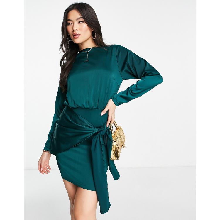 NaaNaa long sleeve satin dress with wrap tie in teal