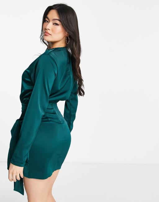 NaaNaa long sleeve satin dress with wrap tie in teal, 2 of 4