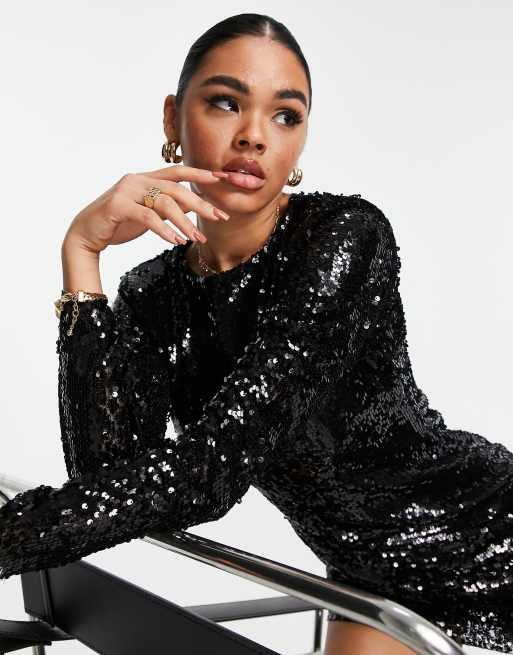 Black sequin long 2025 sleeve mini dress