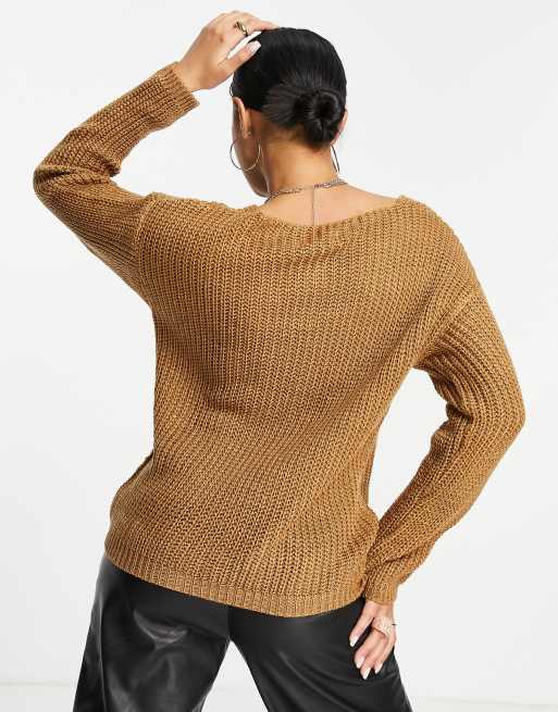 NaaNaa- Maglione stringato con scollo a V color cammello, 2 di 4