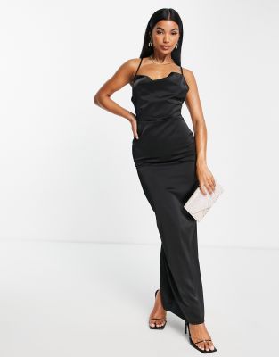 NaaNaa - Maxi-Abschlussballkleid aus Satin in Schwarz mit Wasserfallausschnitt