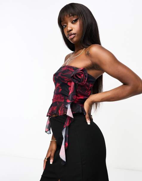 NaaNaa mesh bandeau top co-ord with ruffle detail in black rose print - view 1