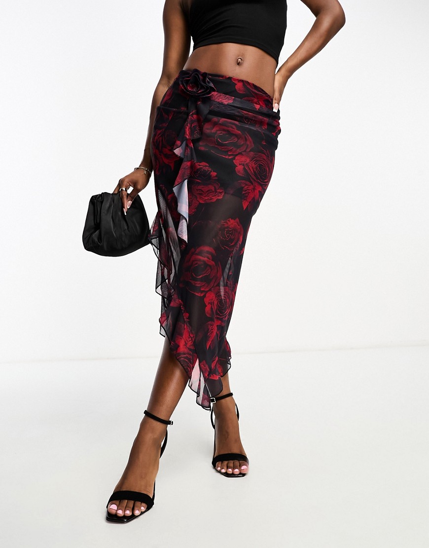 NaaNaa mesh maxi skirt co-ord with ruffle detail in black rose print