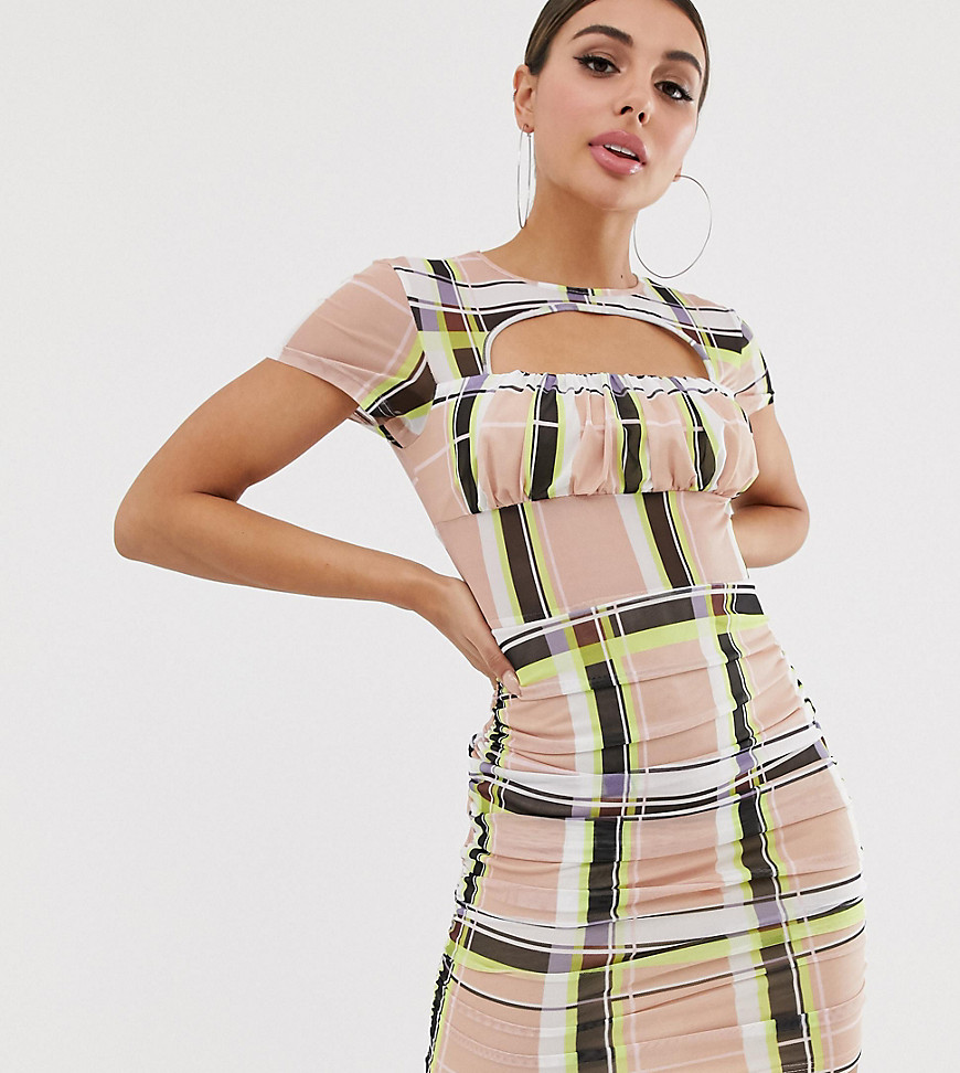 NaaNaa - Mesh mini-jurk met rimpeleffect in neon ruitprint-Multi