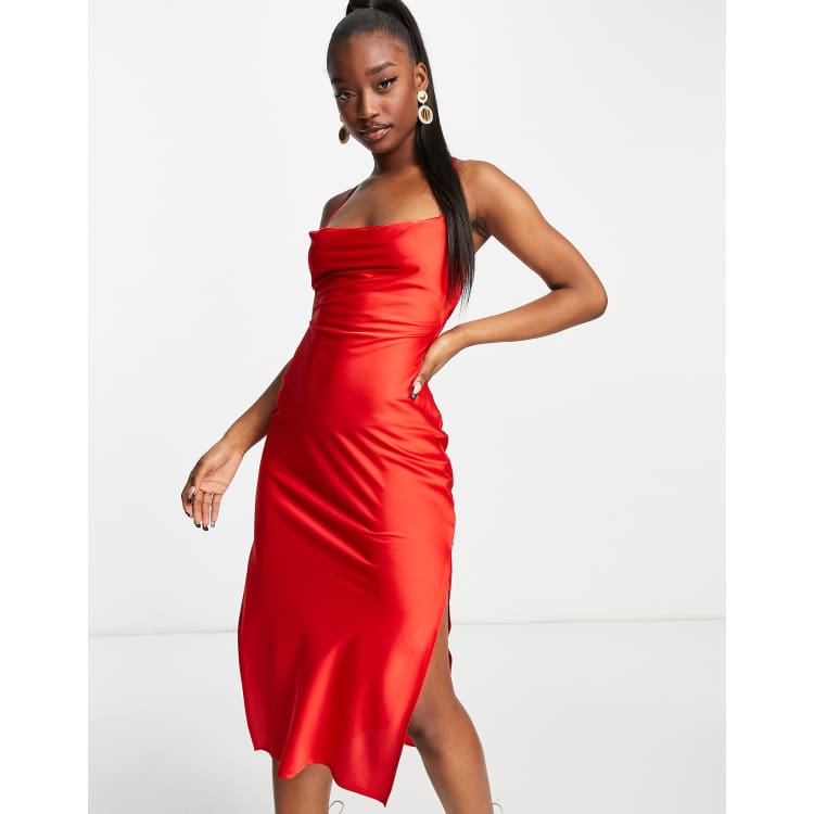 Red satin cowl neck sale midi dress