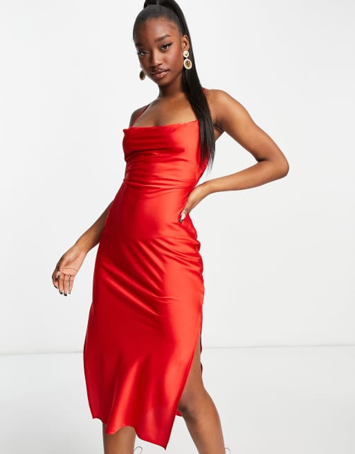 NaaNaa midi cowl neck satin slip dress in red