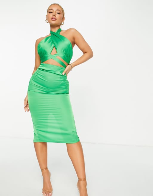 NaaNaa - Midi jurk met crossbody halternek in groen